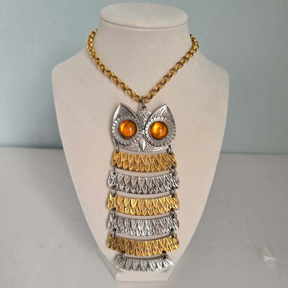 VTG Park Lane Articulated Owl Pendant Necklace Gold Silver Tone Amber Eye Retro